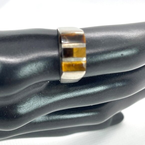 Mexico 925 Sterling Silver Tigers Eye Inlay Ring Size Handmade Signed FCV Size 7 - Picture 9 of 9